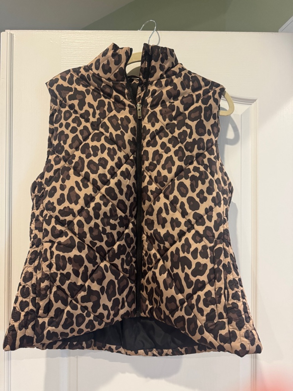 New York & Company Black Quilted Puffer Vest with Leopard Trim